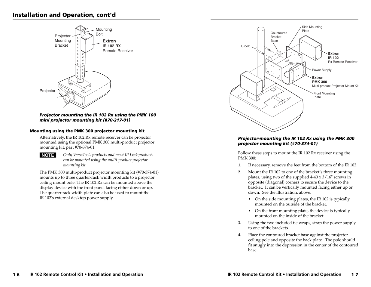 Mounting using the pmk 300 projector mounting kit, Installation and operation, cont’d | Extron Electronics IR 102 Kit User Manual | Page 8 / 15