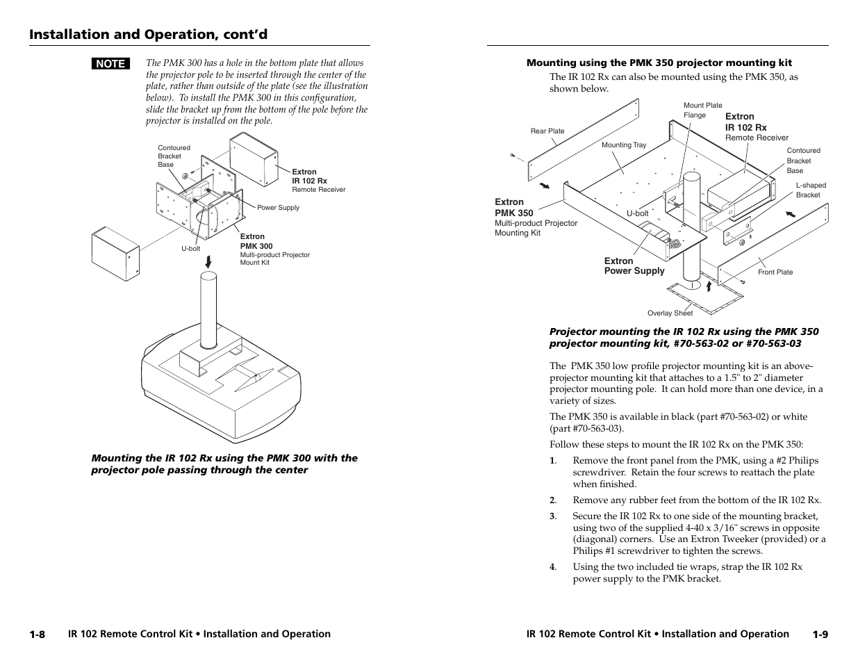 Mounting using the pmk 350 projector mounting kit, Installation and operation, cont’d | Extron Electronics IR 102 Kit User Manual | Page 9 / 15