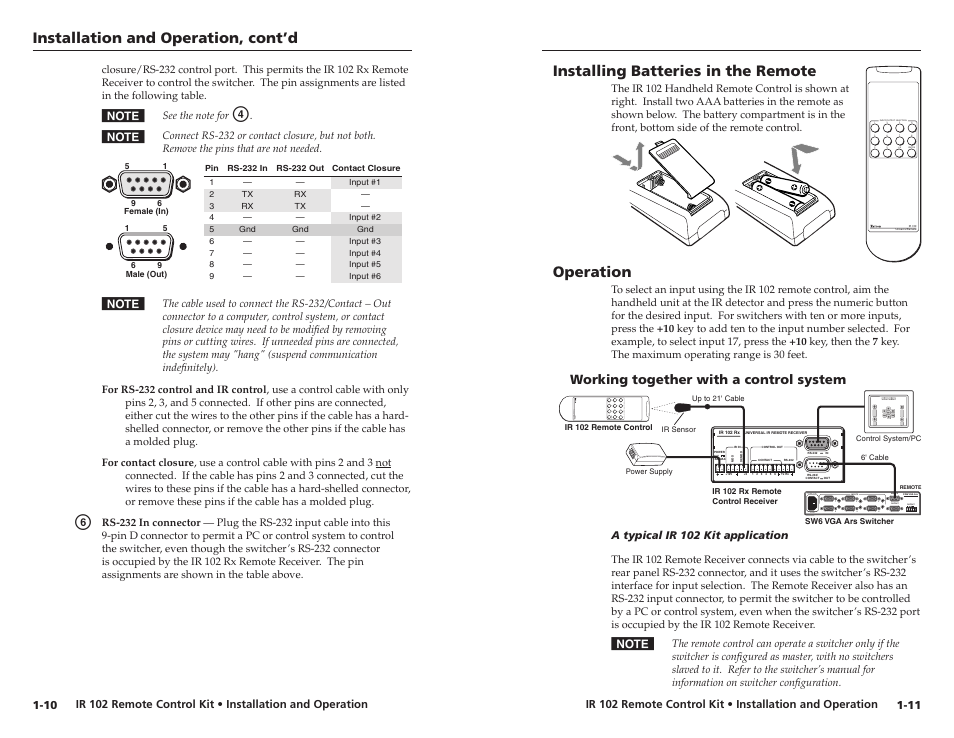 Installing batteries in the remote, Operation, Working together with a control system | Working together with a control system -11, Installaton and operaton, cont’d, Installng batteres n the remote, Operaton, Workng together wth a control system | Extron Electronics IR 102 Kit User Manual | Page 10 / 13