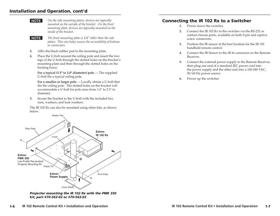 Connecting the ir 102 rx to a switcher, Connecting the receiver to a switcher, Installaton and operaton, cont’d | Connectng the ir 102 rx to a swtcher | Extron Electronics IR 102 Kit User Manual | Page 8 / 13