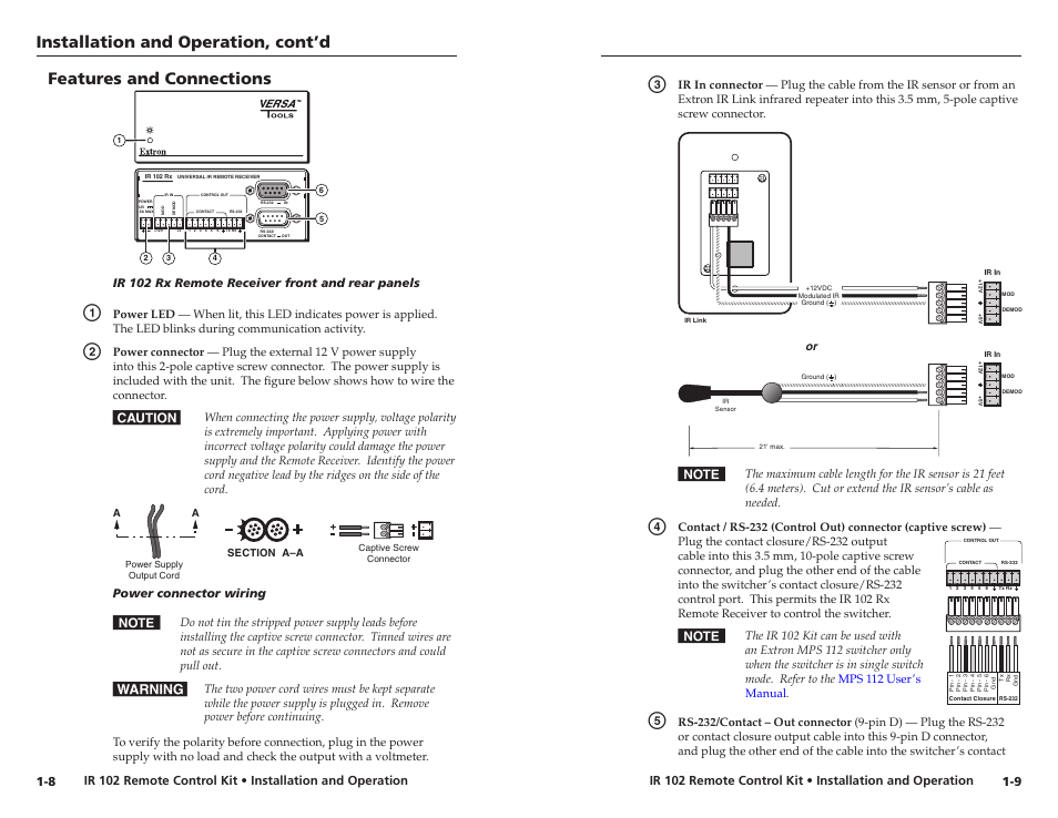 Features and connections, Installaton and operaton, cont’d, Features and connectons | Power wiring.eps | Extron Electronics IR 102 Kit User Manual | Page 9 / 13