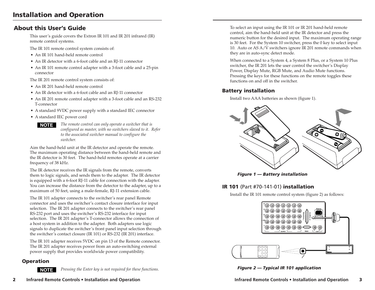 Installation and operation, About this user’s guide, Operation | Battery installation | Extron Electronics IR 201 User Manual | Page 2 / 2