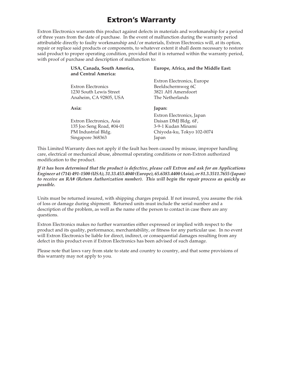Extron’s warranty | Extron Electronics BNC Mini-High Res, 75-Ohm Termination Kit (60-073-01) User Manual | Page 15 / 16