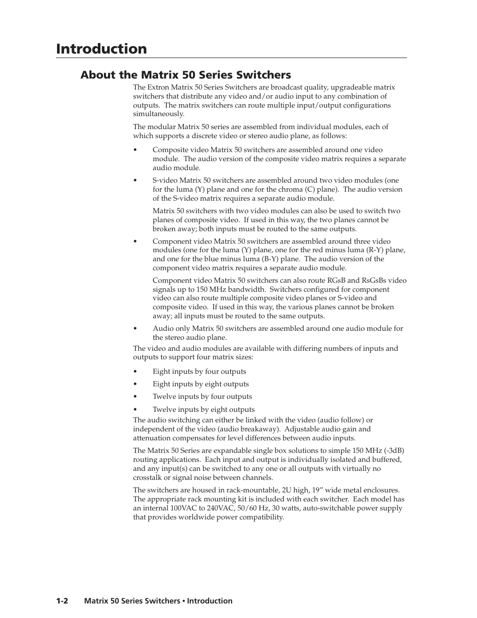 Introduction, Introduction, cont’d, About the matrix 50 series switchers | Extron Electronics Matrix 50 Series User Manual | Page 10 / 74