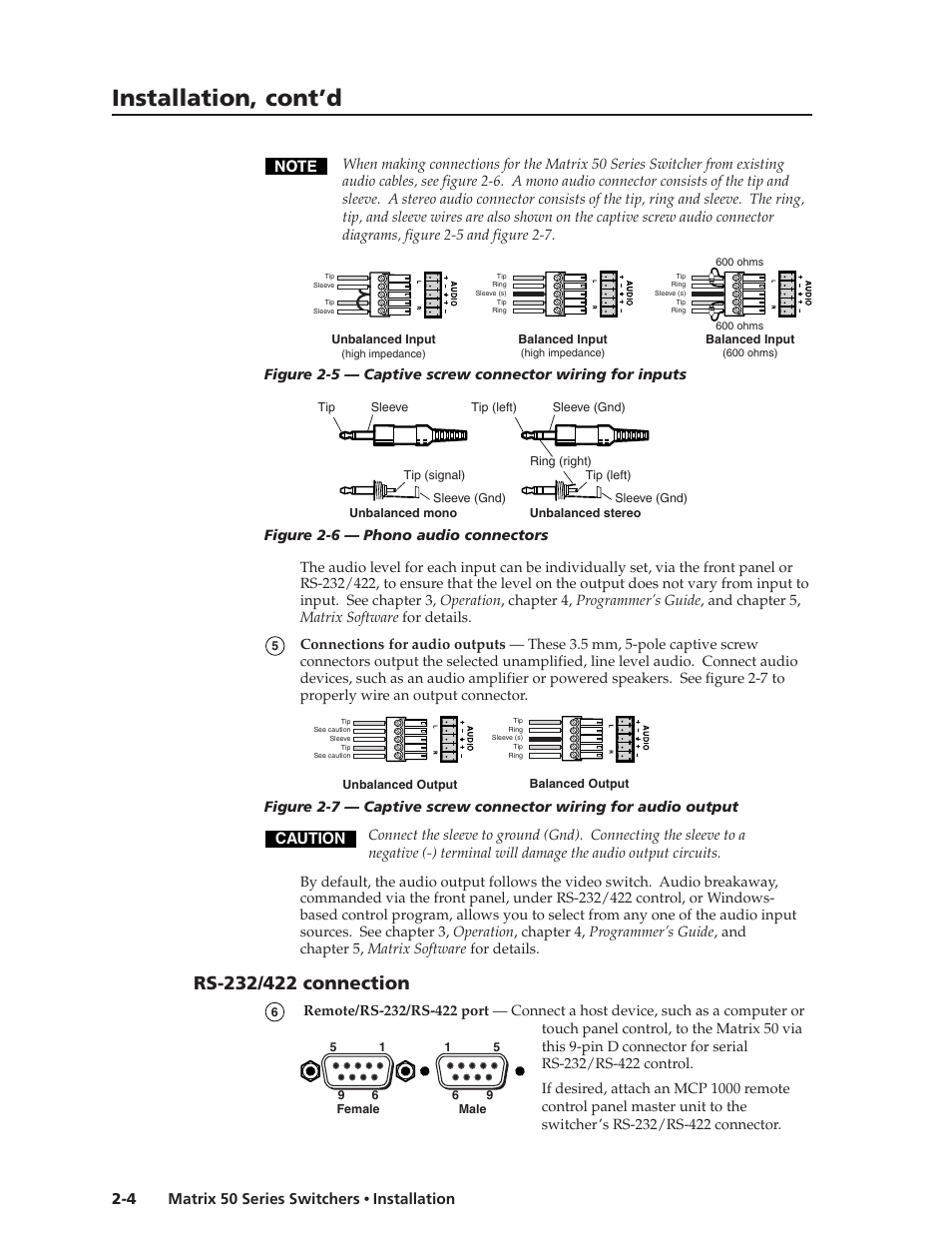 Installation, cont’d, Matrix 50 series switchers • installation 2-4, Caution | Extron Electronics Matrix 50 Series User Manual | Page 18 / 74