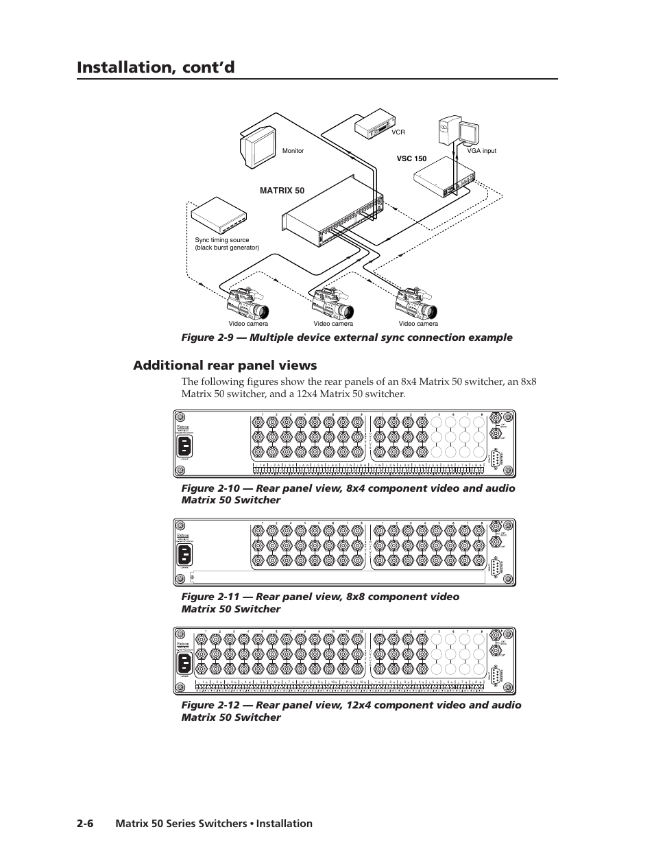 Installation, cont’d, Additional rear panel views, Matrix 50 series switchers • installation 2-6 | Extron Electronics Matrix 50 Series User Manual | Page 20 / 74