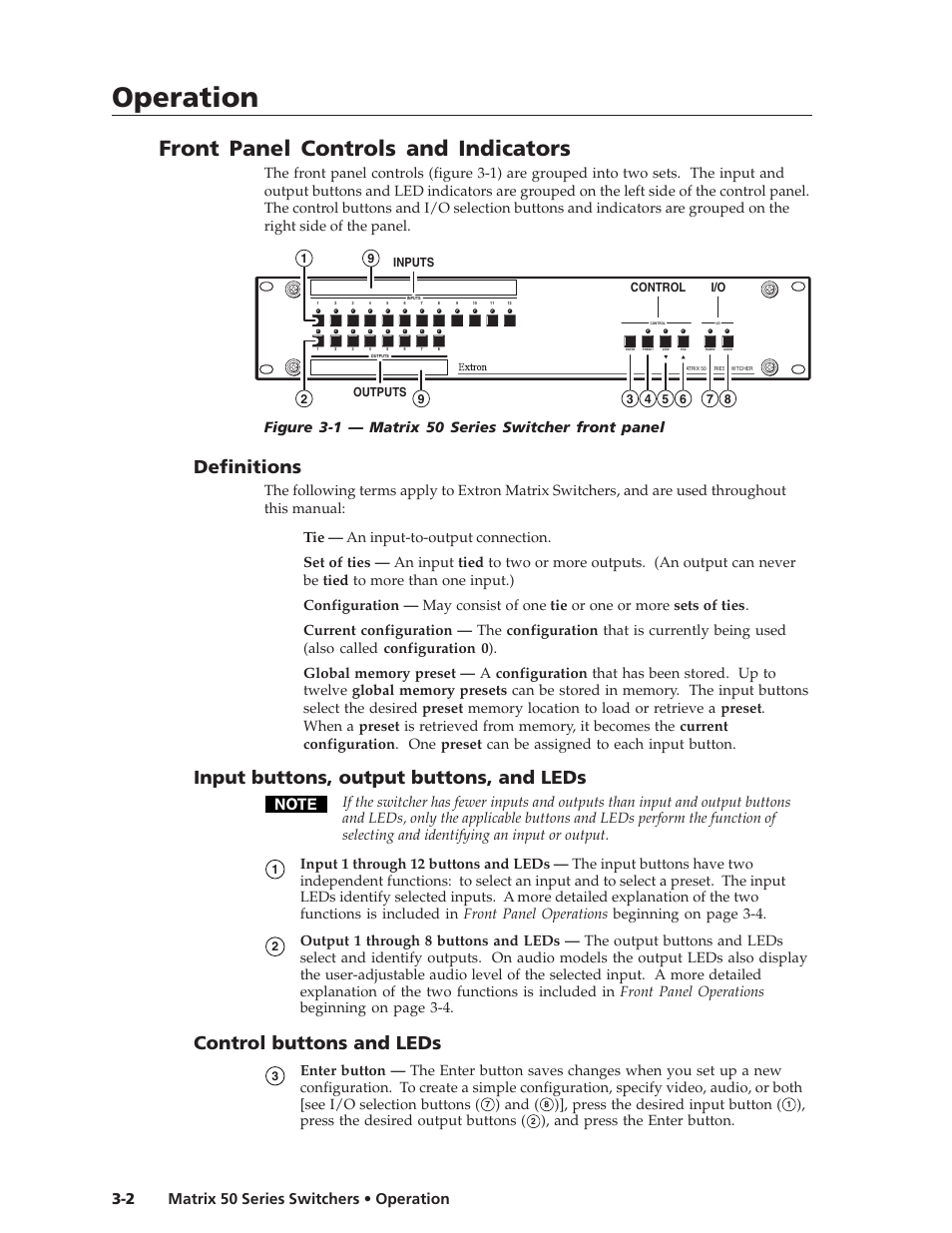 Operation, Operation, cont’d, Front panel controls and indicators | Definitions, Input buttons, output buttons, and leds, Control buttons and leds, Matrix 50 series switchers • operation 3-2, Figure 3-1 — matrix 50 series switcher front panel, Press the desired input button, Press the desired output buttons | Extron Electronics Matrix 50 Series User Manual | Page 22 / 74