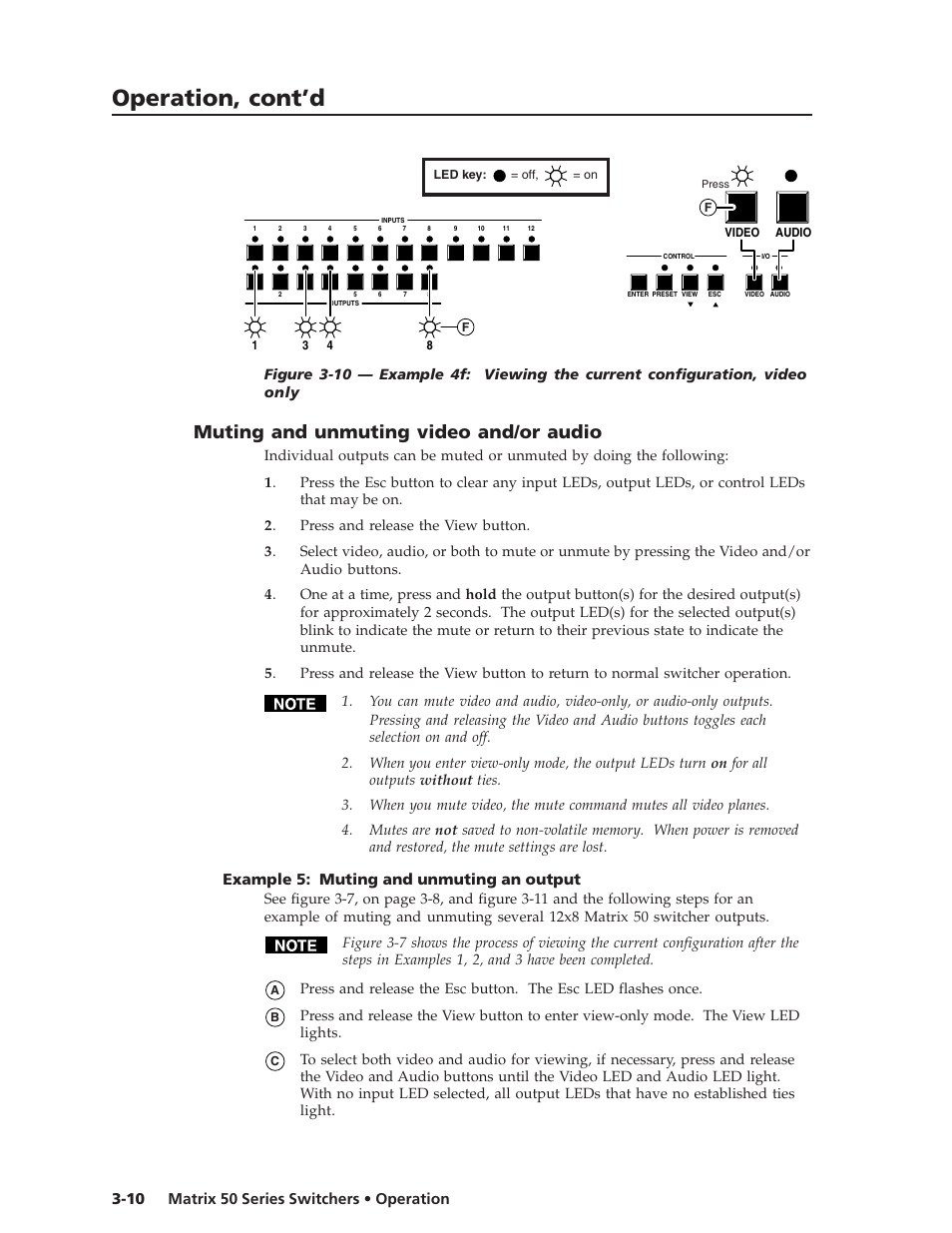 Operation, cont’d, Muting and unmuting video and/or audio, Example 5: muting and unmuting an output | Extron Electronics Matrix 50 Series User Manual | Page 30 / 74