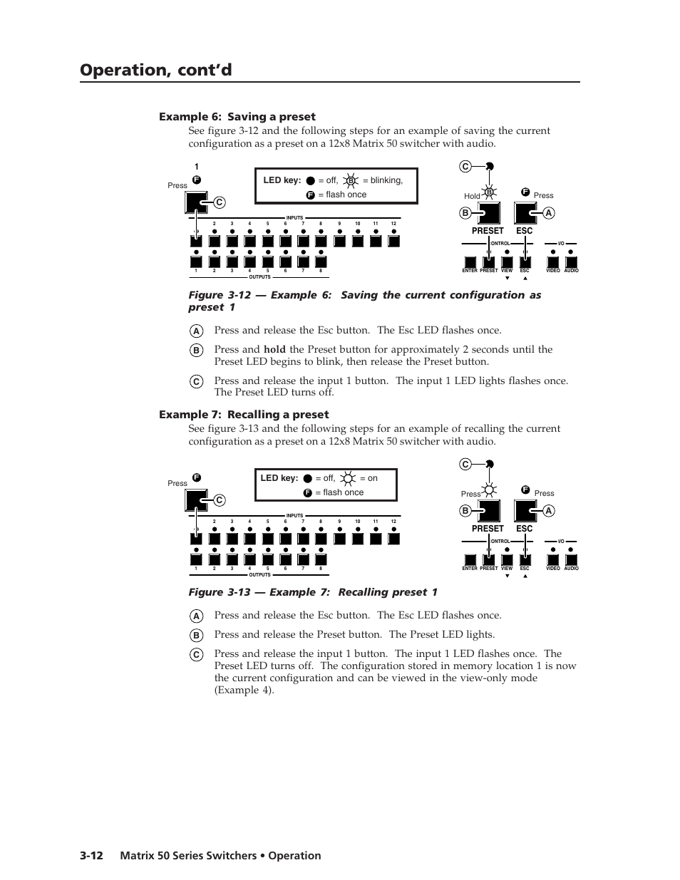 Operation, cont’d, Example 7: recalling a preset | Extron Electronics Matrix 50 Series User Manual | Page 32 / 74