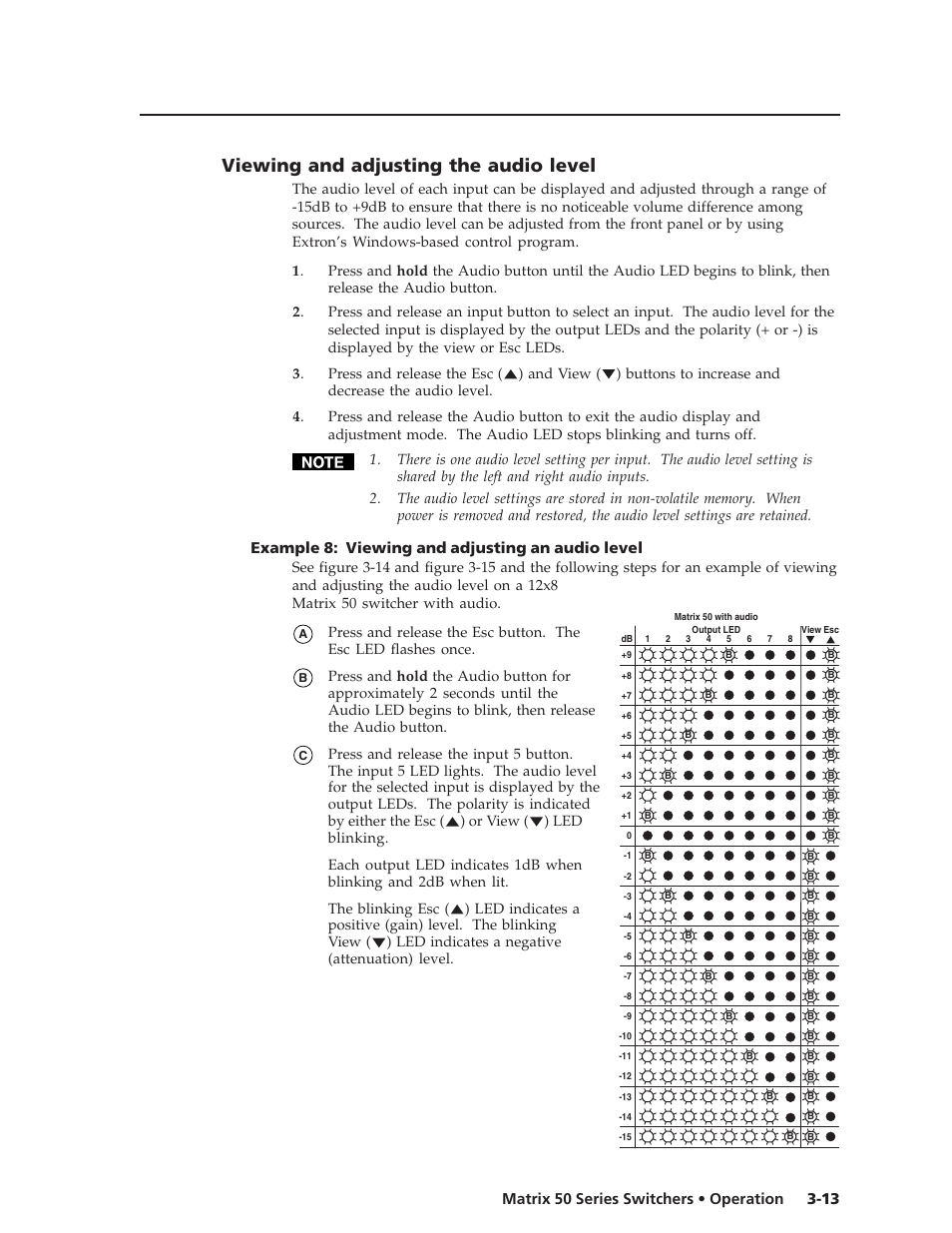 Viewing and adjusting the audio level, 13 matrix 50 series switchers • operation, Example 8: viewing and adjusting an audio level | Extron Electronics Matrix 50 Series User Manual | Page 33 / 74