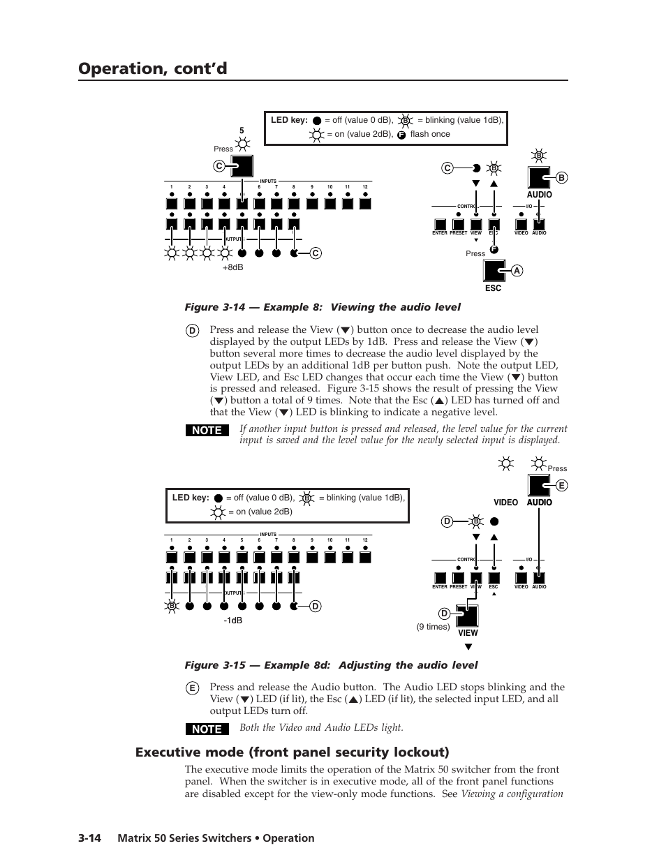 Operation, cont’d, Executive mode (front panel security lockout), Figure 3-14 — example 8: viewing the audio level | Extron Electronics Matrix 50 Series User Manual | Page 34 / 74