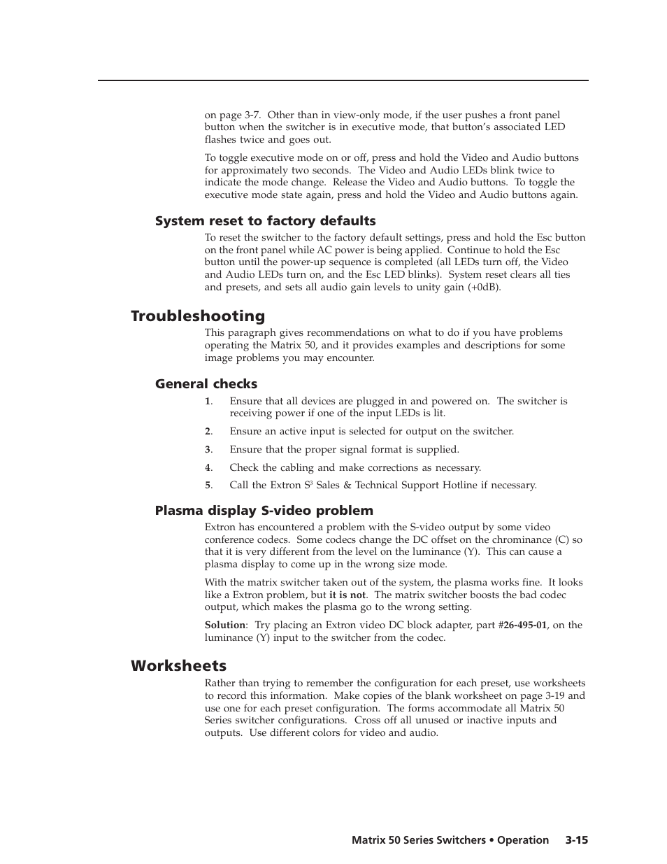 Troubleshooting, Worksheets | Extron Electronics Matrix 50 Series User Manual | Page 35 / 74