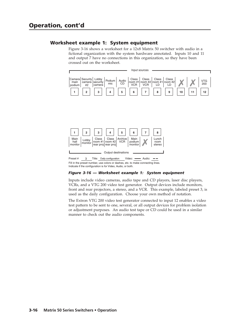 Operation, cont’d, Worksheet example 1: system equipment | Extron Electronics Matrix 50 Series User Manual | Page 36 / 74