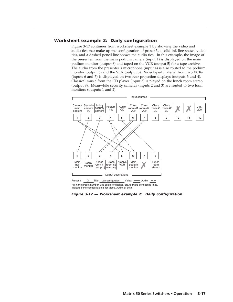 Worksheet example 2: daily configuration, 17 matrix 50 series switchers • operation | Extron Electronics Matrix 50 Series User Manual | Page 37 / 74