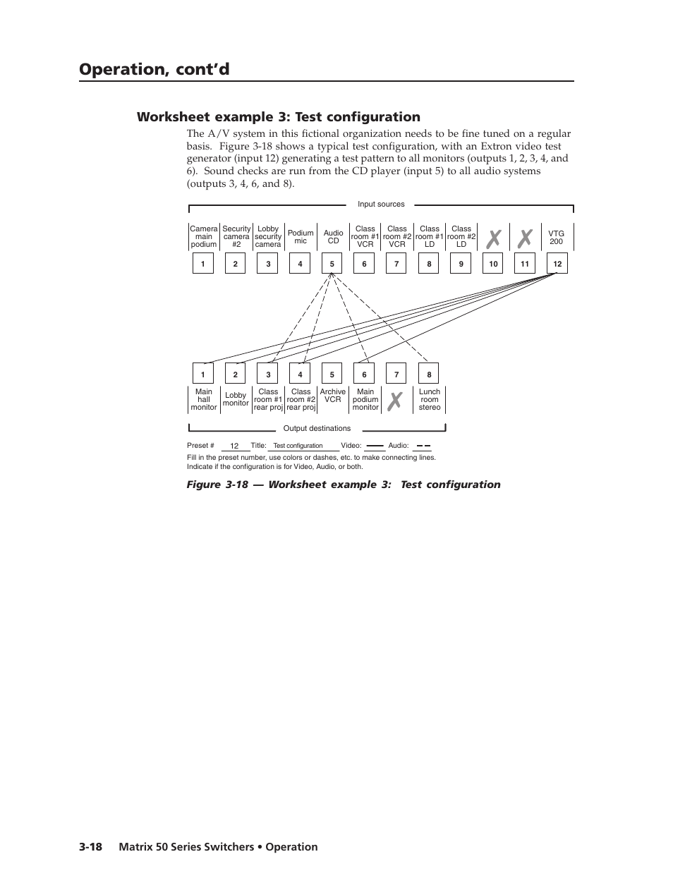Operation, cont’d, Worksheet example 3: test configuration | Extron Electronics Matrix 50 Series User Manual | Page 38 / 74