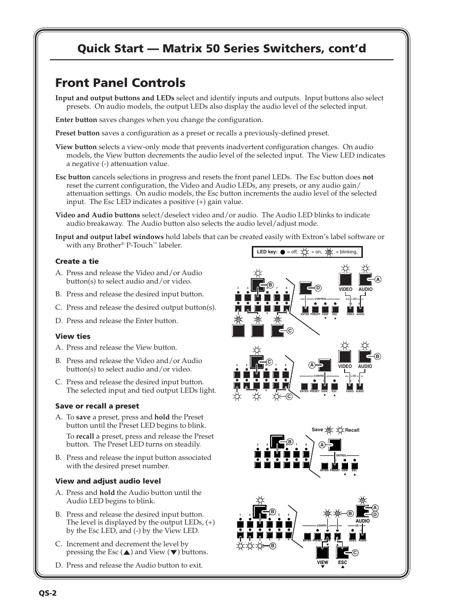 Front panel controls, Quick start — matrix 50 series switchers, cont’d, Qs-2 | P-touch | Extron Electronics Matrix 50 Series User Manual | Page 4 / 74