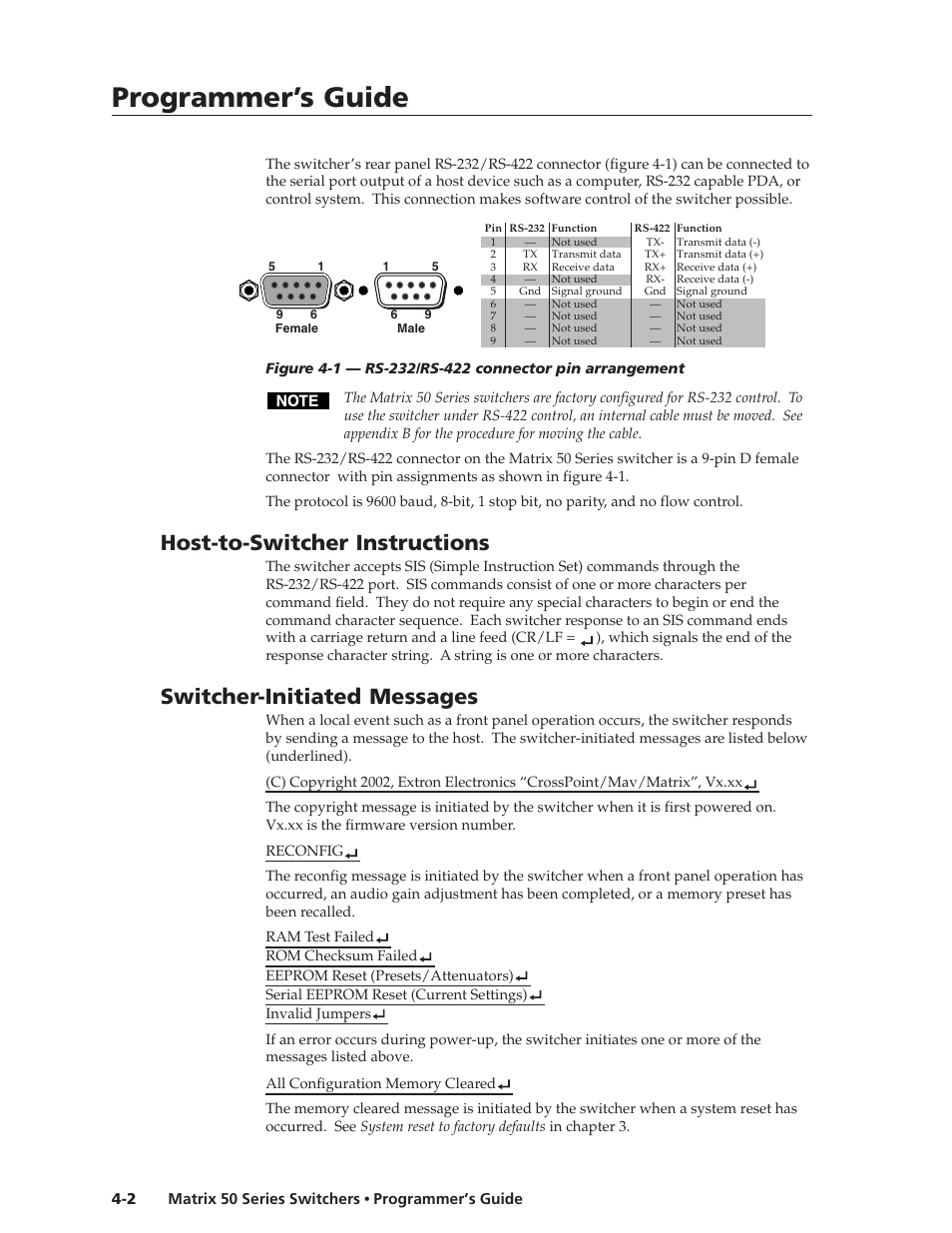 Programmer’s guide, Programmer’s guide, cont’d, Host-to-switcher instructions | Switcher-initiated messages | Extron Electronics Matrix 50 Series User Manual | Page 42 / 74