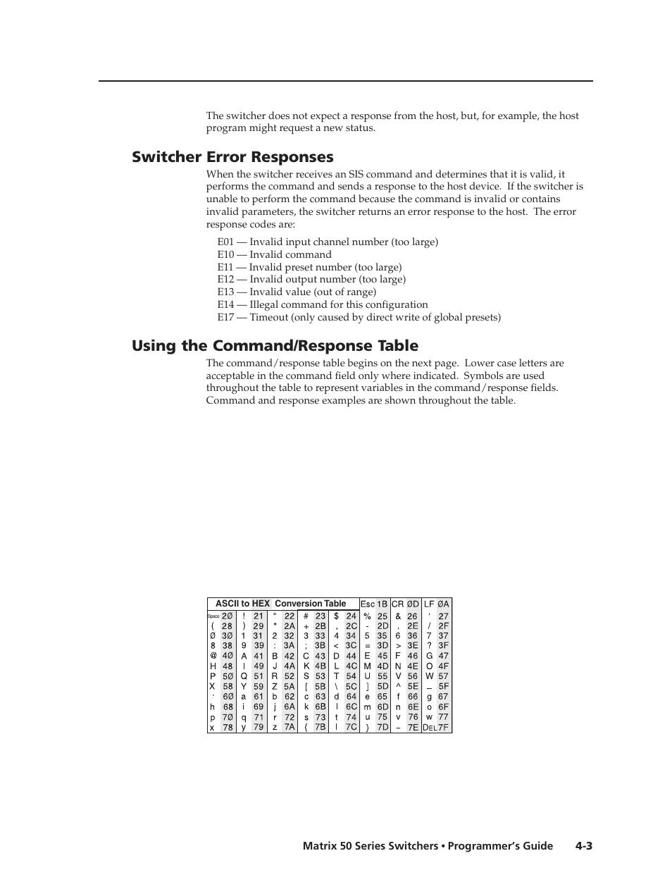 Switcher error responses, Using the command/response table | Extron Electronics Matrix 50 Series User Manual | Page 43 / 74