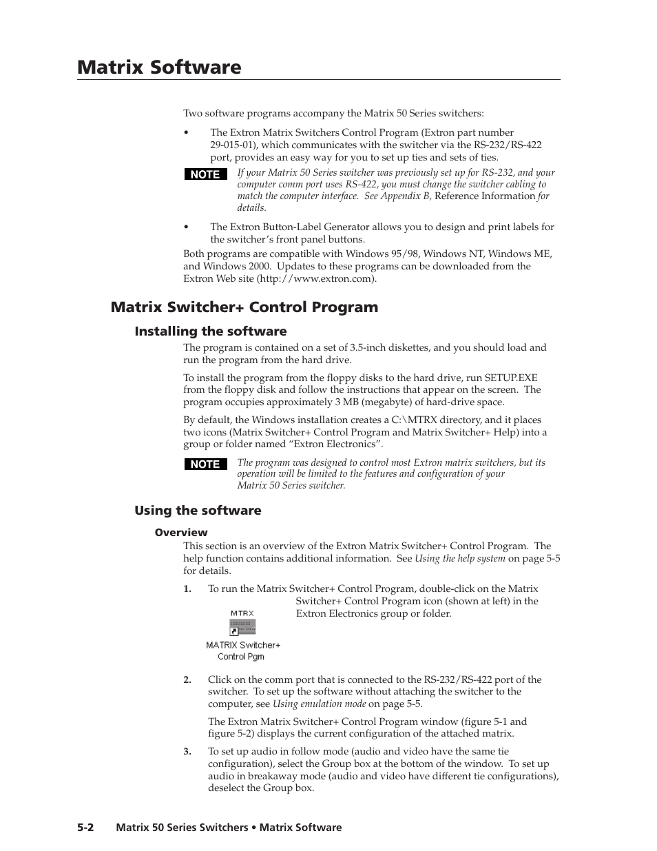 Matrix software, Matrix software, cont’d, Matrix switcher+ control program | Extron Electronics Matrix 50 Series User Manual | Page 48 / 74