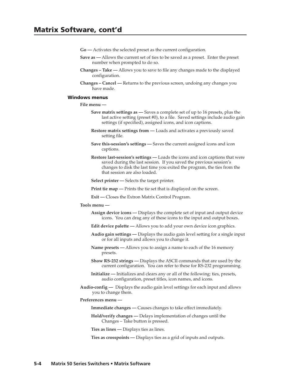 Matrix software, cont’d | Extron Electronics Matrix 50 Series User Manual | Page 50 / 74