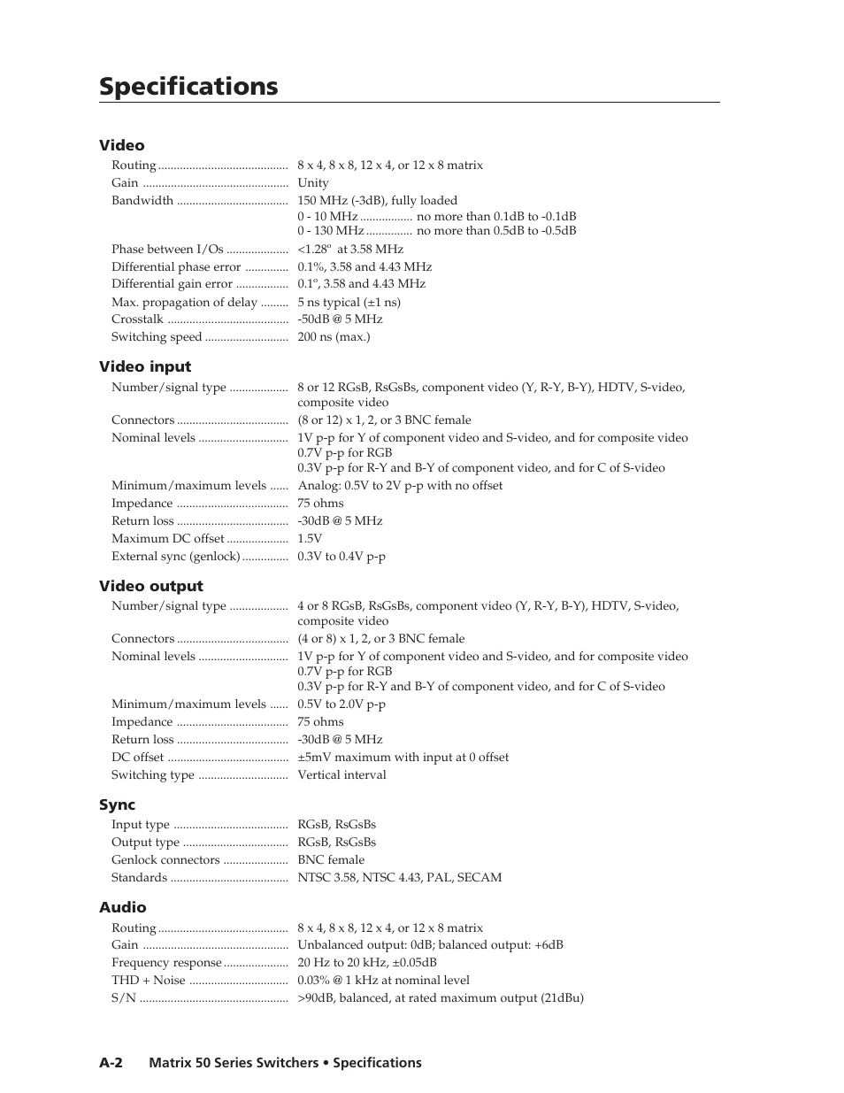 Specifications, Specifications, cont’d | Extron Electronics Matrix 50 Series User Manual | Page 54 / 74