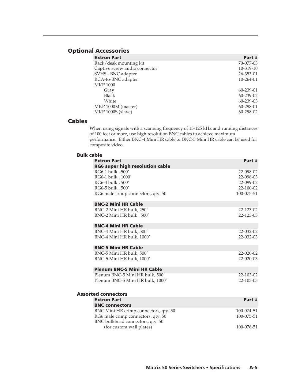Optional accessories, Cables | Extron Electronics Matrix 50 Series User Manual | Page 57 / 74
