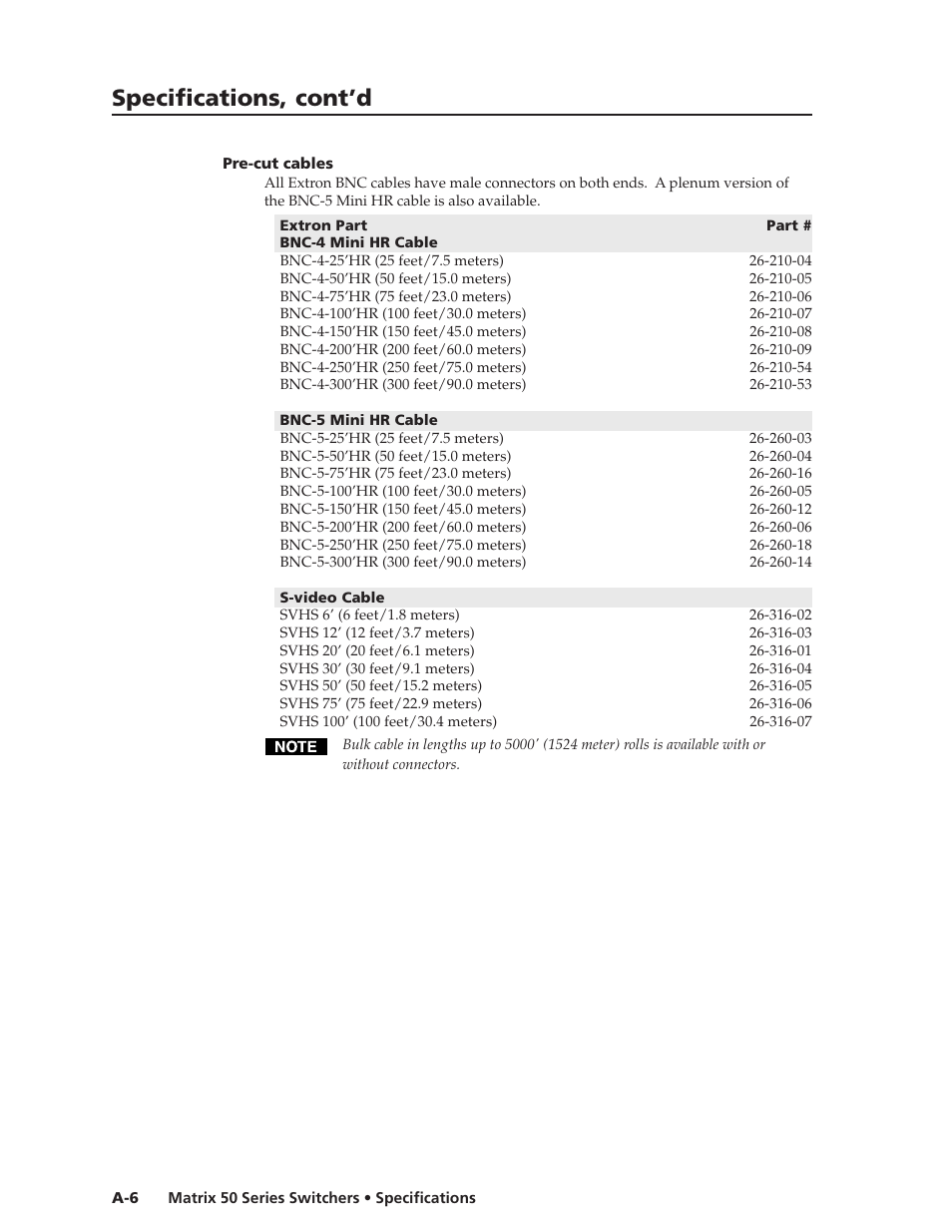 Specifications, cont’d | Extron Electronics Matrix 50 Series User Manual | Page 58 / 74