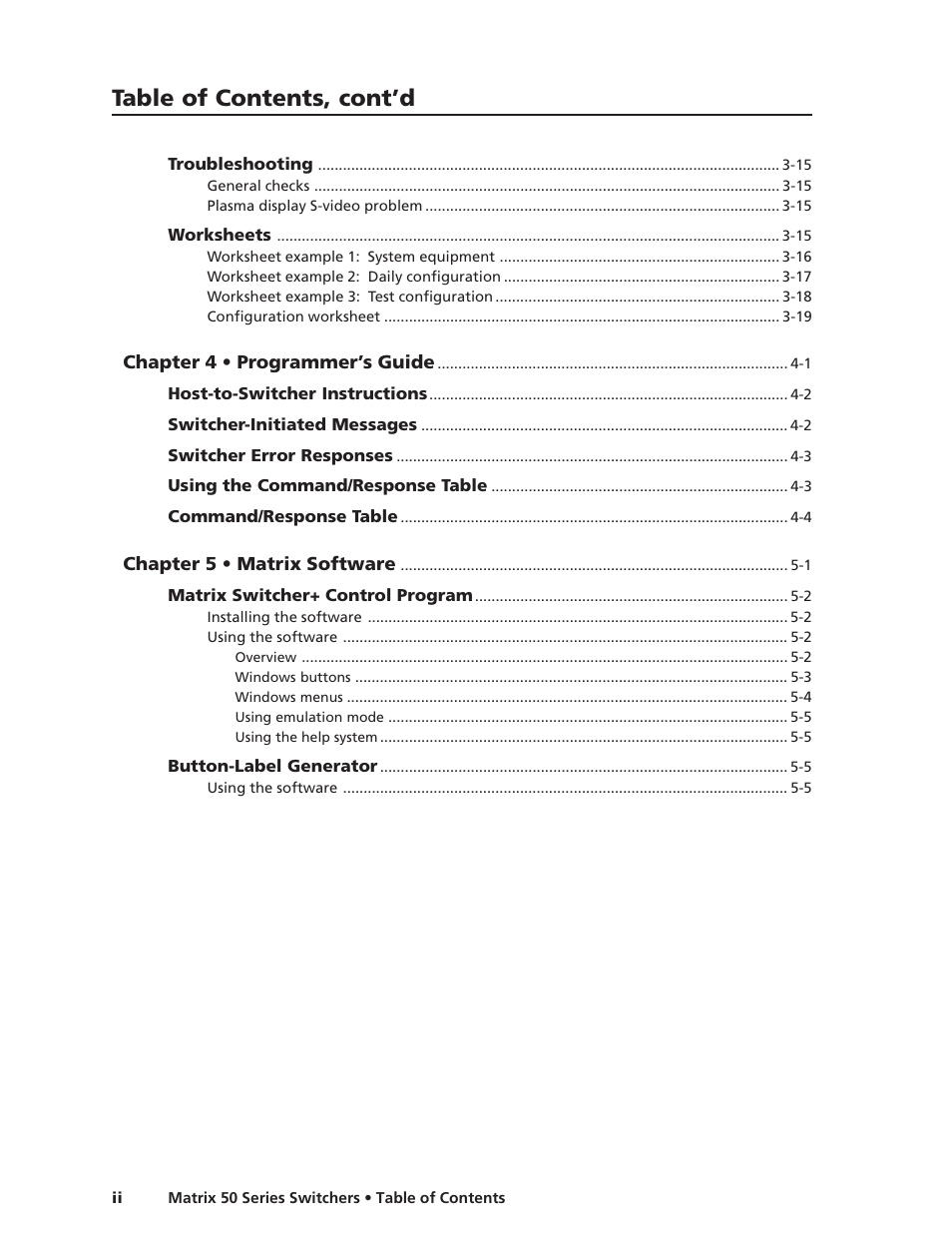 Table of contents, cont’d | Extron Electronics Matrix 50 Series User Manual | Page 6 / 74