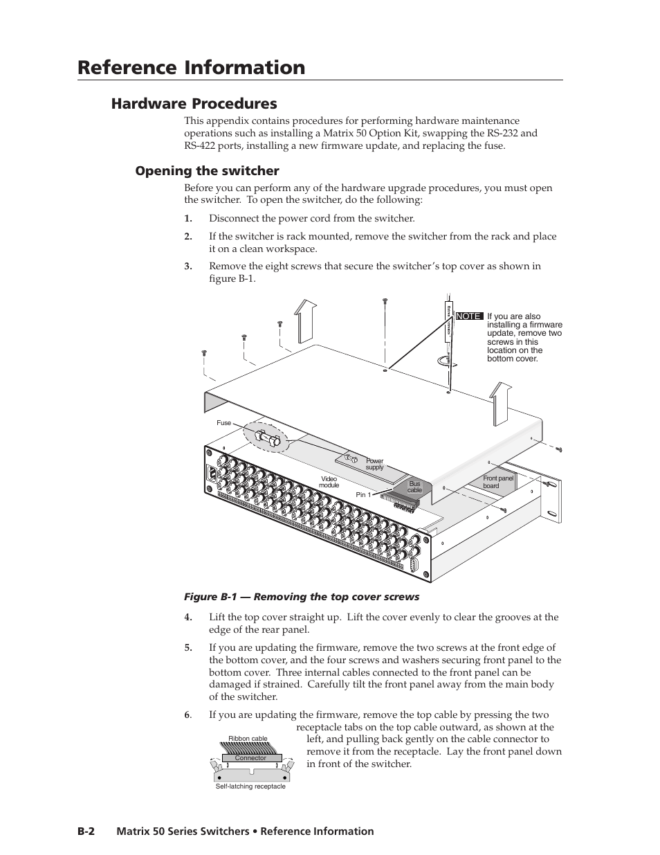 Reference information, Reference information, cont’d, Hardware procedures | Opening the switcher | Extron Electronics Matrix 50 Series User Manual | Page 60 / 74
