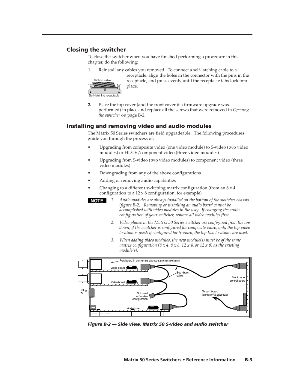 Closing the switcher, Installing and removing video and audio modules | Extron Electronics Matrix 50 Series User Manual | Page 61 / 74