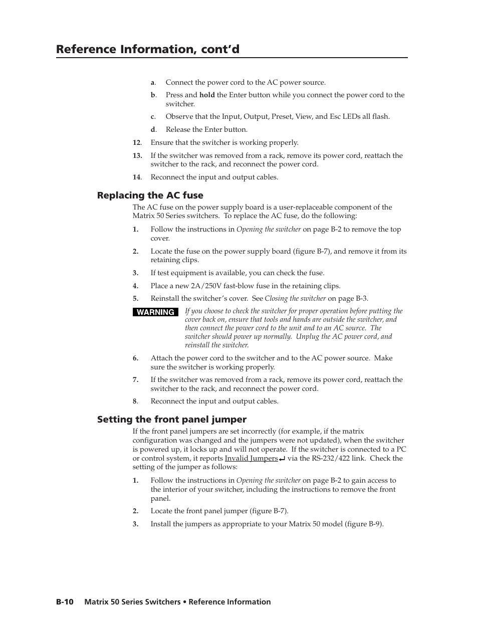 Reference information, cont’d, Replacing the ac fuse, Setting the front panel jumper | Extron Electronics Matrix 50 Series User Manual | Page 68 / 74