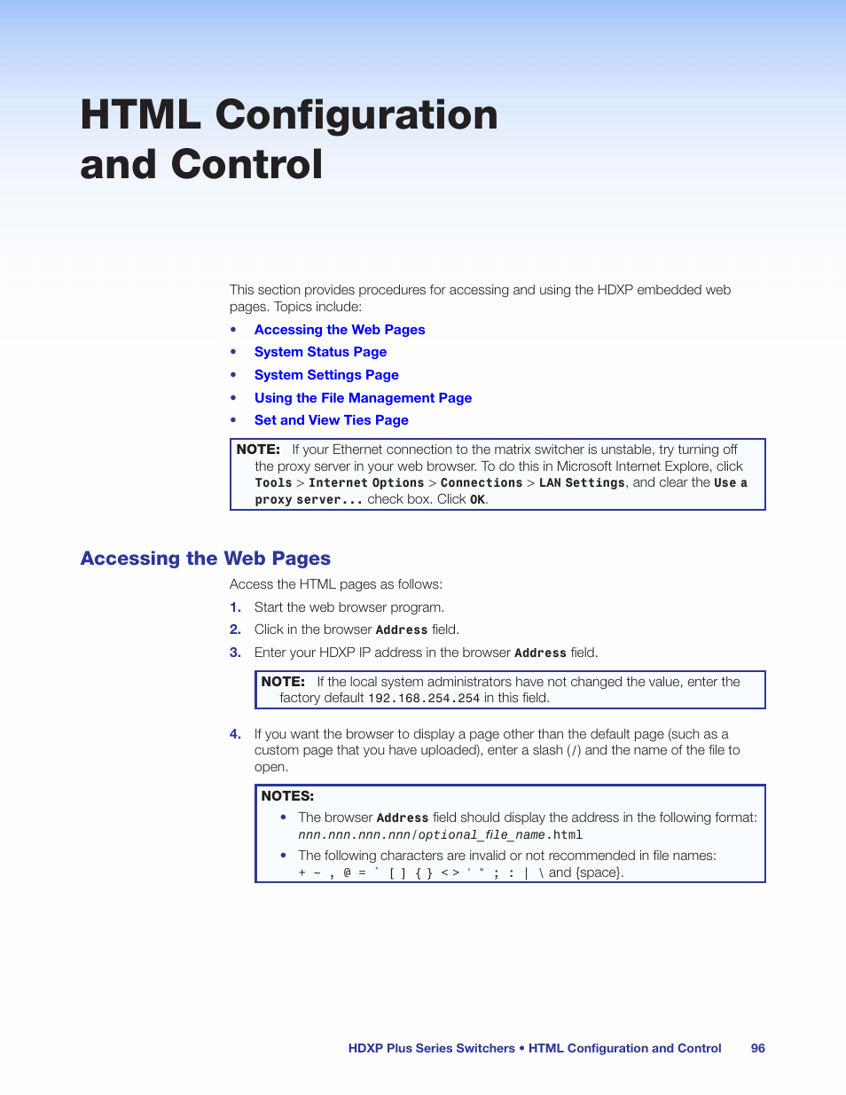Html configuration and control, Html configuration and, Control | Accessing the web pages | Extron Electronics HDXP Plus Series User Guide User Manual | Page 102 / 125