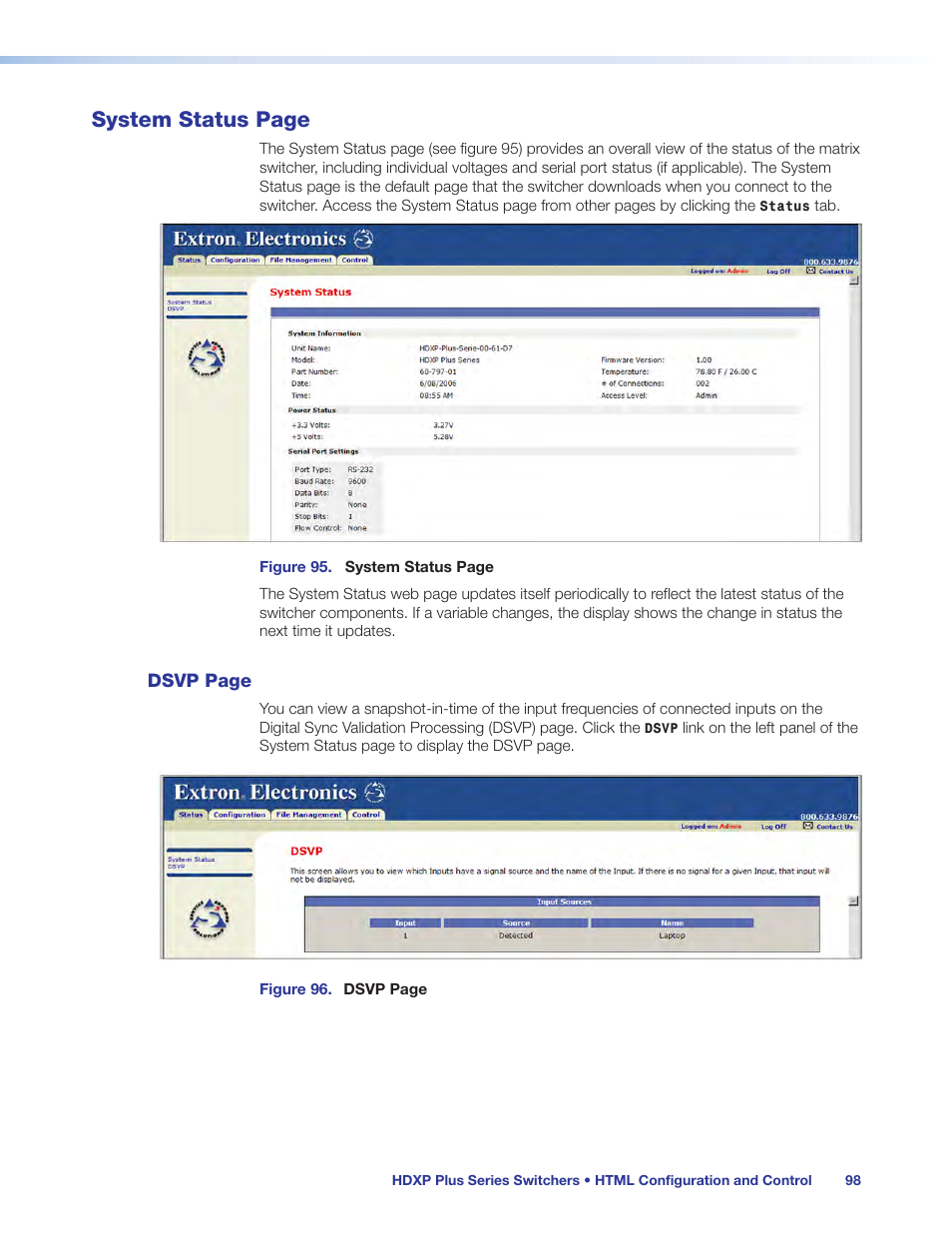 System status page | Extron Electronics HDXP Plus Series User Guide User Manual | Page 104 / 125