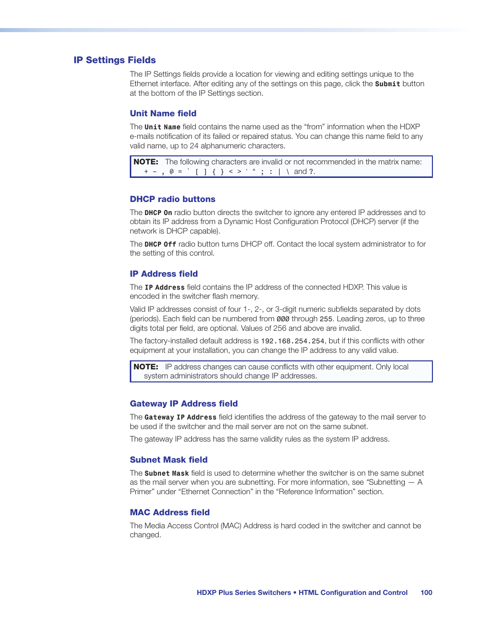 Ip settings fields | Extron Electronics HDXP Plus Series User Guide User Manual | Page 106 / 125