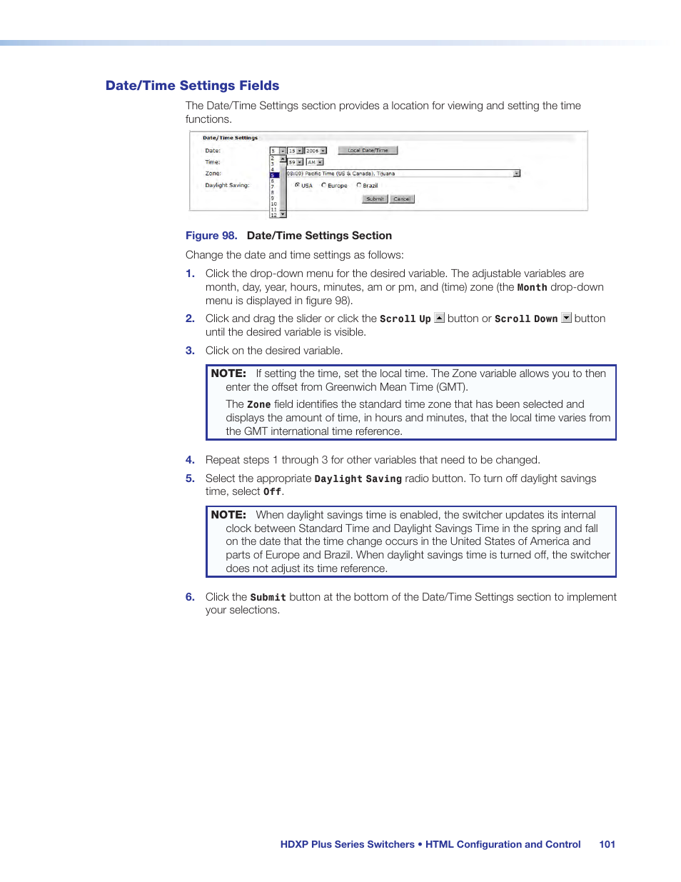 Date/time settings fields | Extron Electronics HDXP Plus Series User Guide User Manual | Page 107 / 125