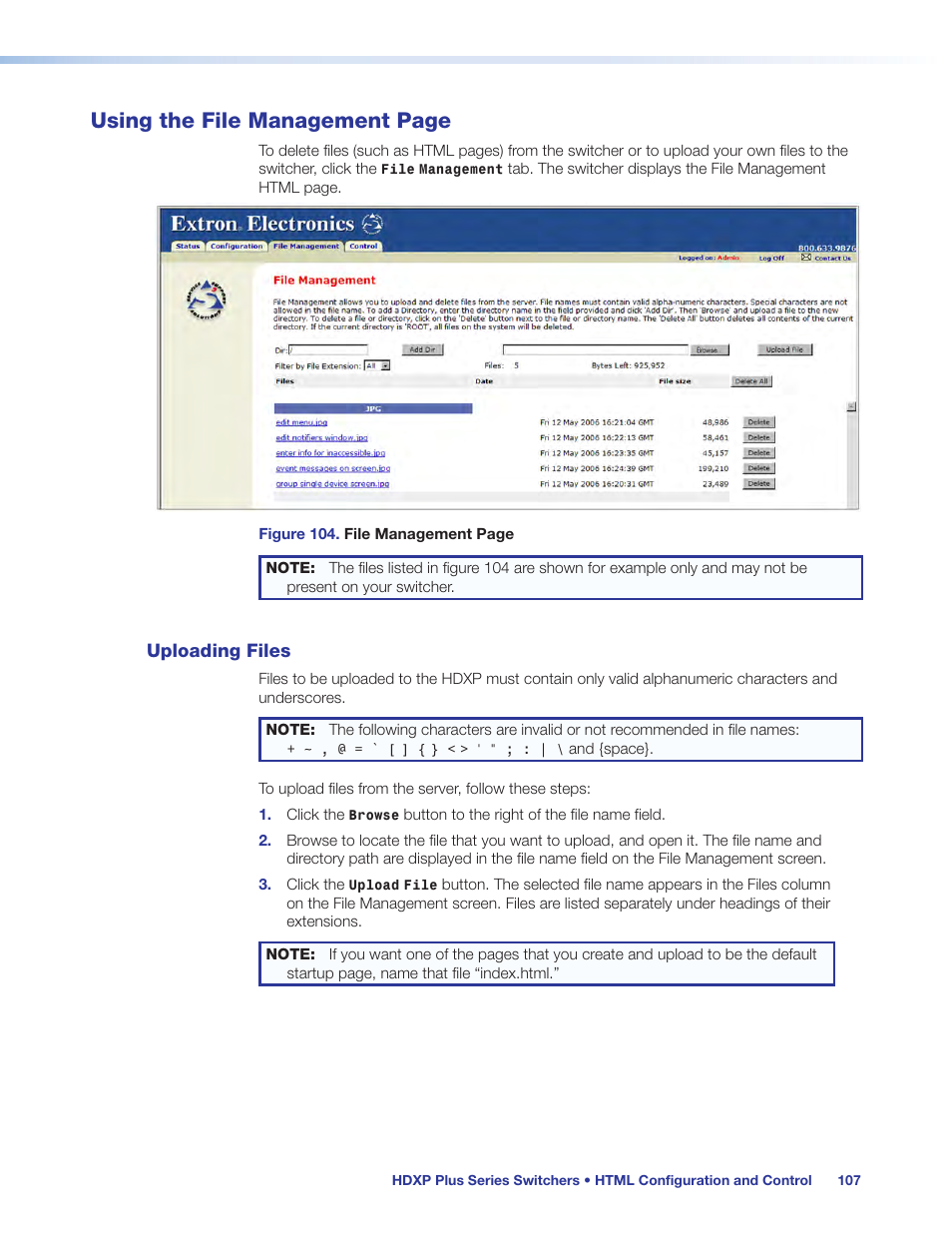 Uploading files, Using the file management page | Extron Electronics HDXP Plus Series User Guide User Manual | Page 113 / 125
