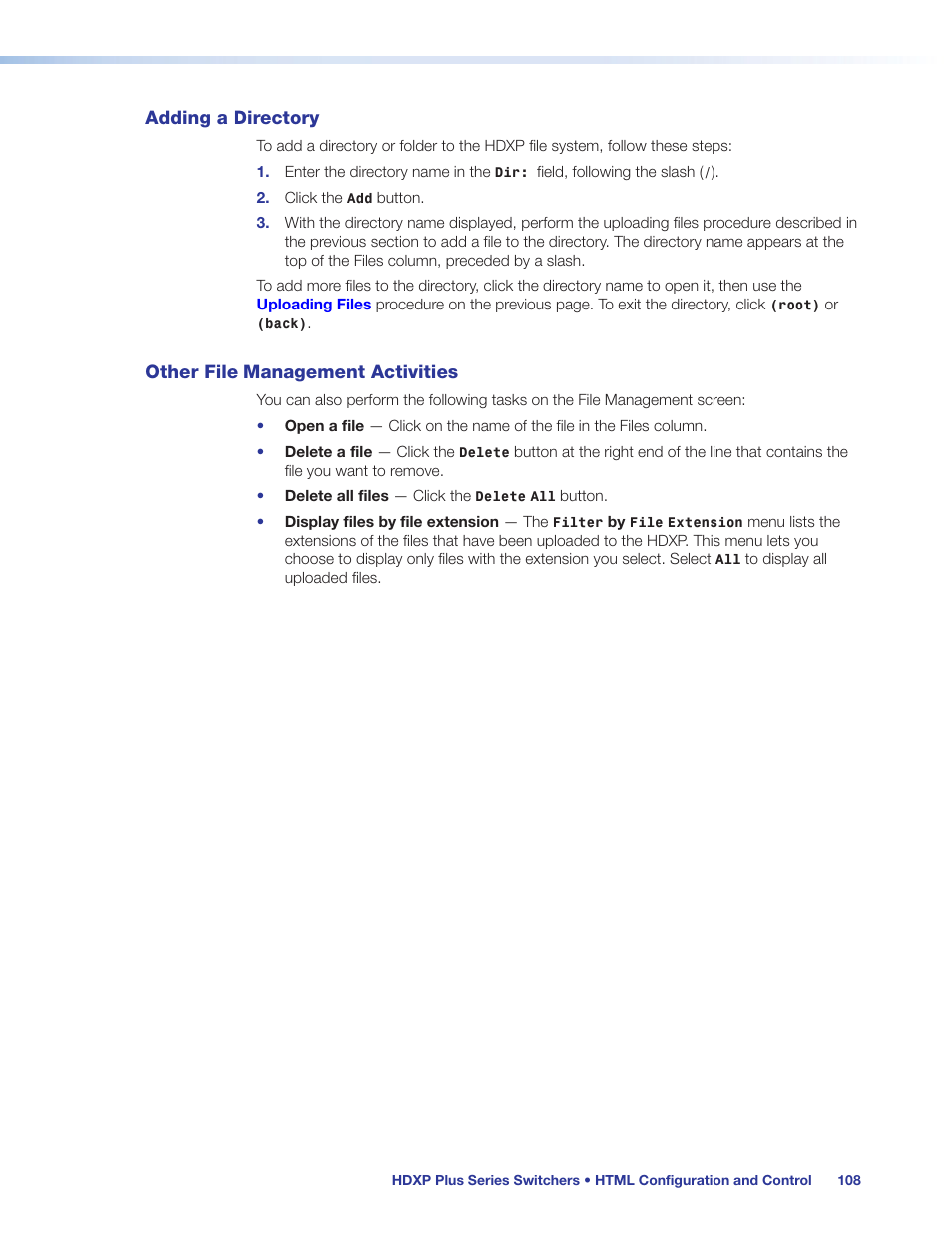 Adding a directory, Other file management activities | Extron Electronics HDXP Plus Series User Guide User Manual | Page 114 / 125