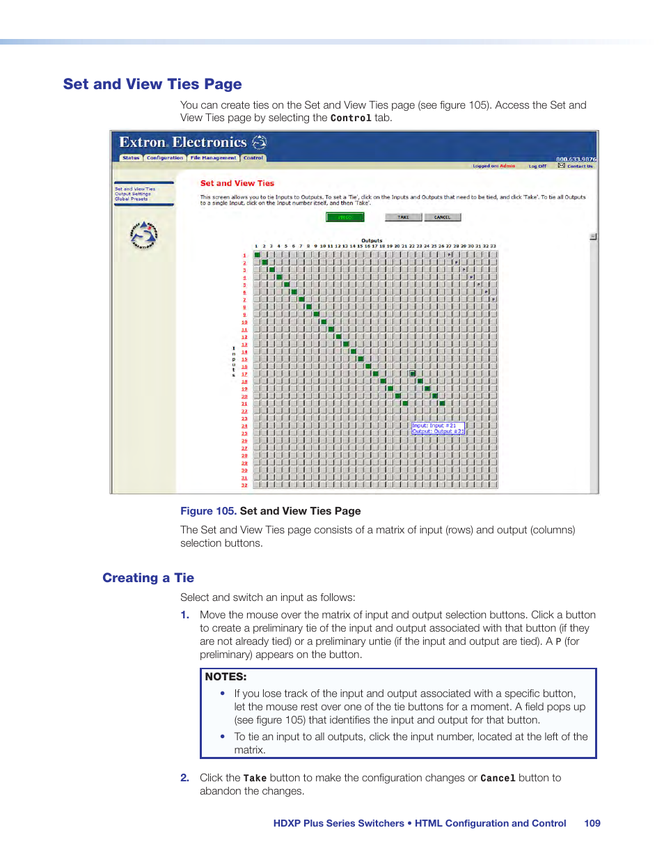 Creating a tie, Set and view ties page | Extron Electronics HDXP Plus Series User Guide User Manual | Page 115 / 125