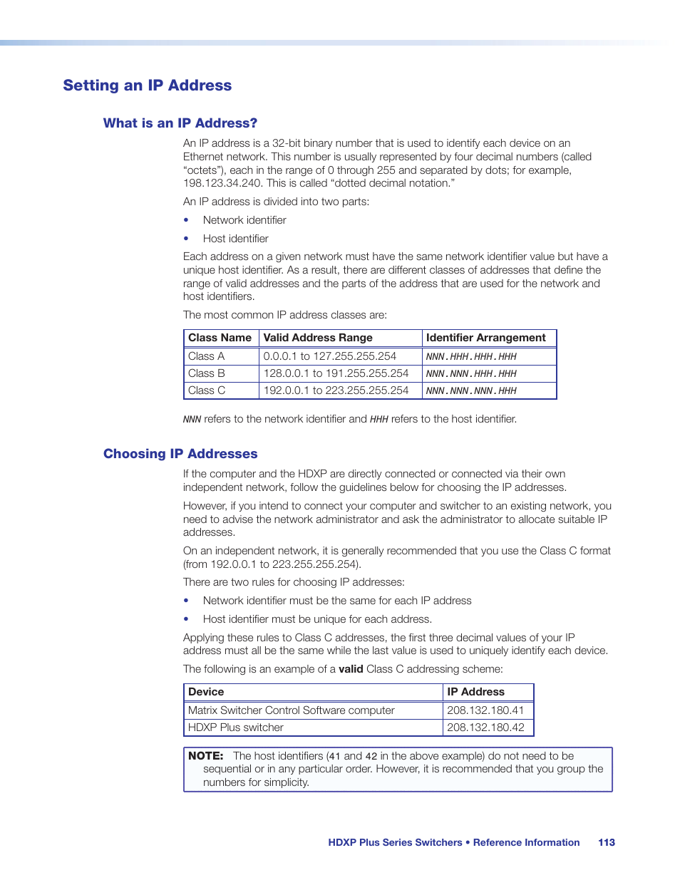 Setting an ip address, What is an ip address, Choosing ip addresses | What is an ip address? choosing ip addresses, Setting an ip, Address | Extron Electronics HDXP Plus Series User Guide User Manual | Page 119 / 125