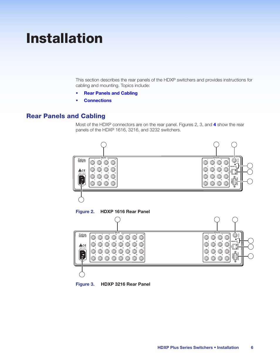 Installation, Rear panels and cabling, Hdxp plus series switchers • installation 6 | Extron Electronics HDXP Plus Series User Guide User Manual | Page 12 / 125