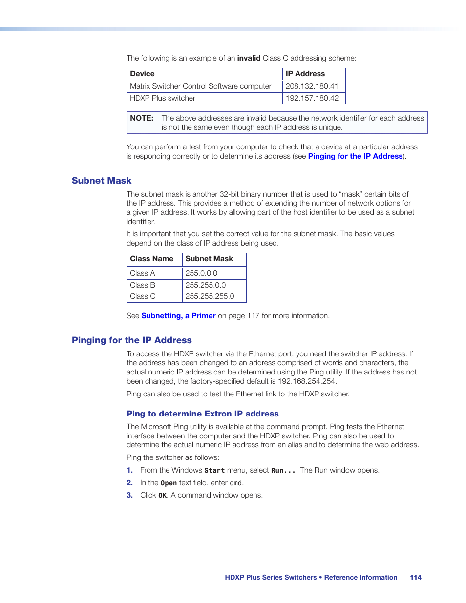 Subnet mask, Pinging for the ip address, Subnet mask pinging for the ip address | Extron Electronics HDXP Plus Series User Guide User Manual | Page 120 / 125