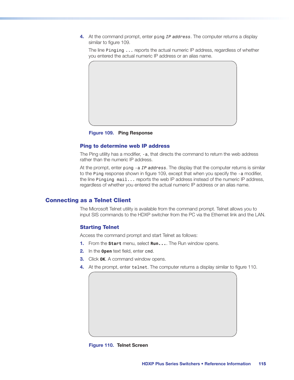 Connecting as a telnet client, Elnet, see, Connecting | As a telnet client | Extron Electronics HDXP Plus Series User Guide User Manual | Page 121 / 125