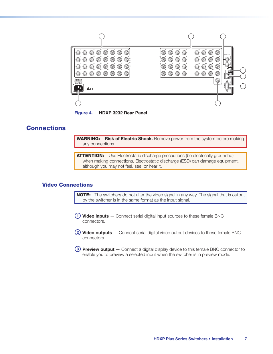 Connections, Video connections, Es 2, 3, and | Fig_hdxp 3232 rear panel, Hdxp plus series switchers • installation 7 | Extron Electronics HDXP Plus Series User Guide User Manual | Page 13 / 125