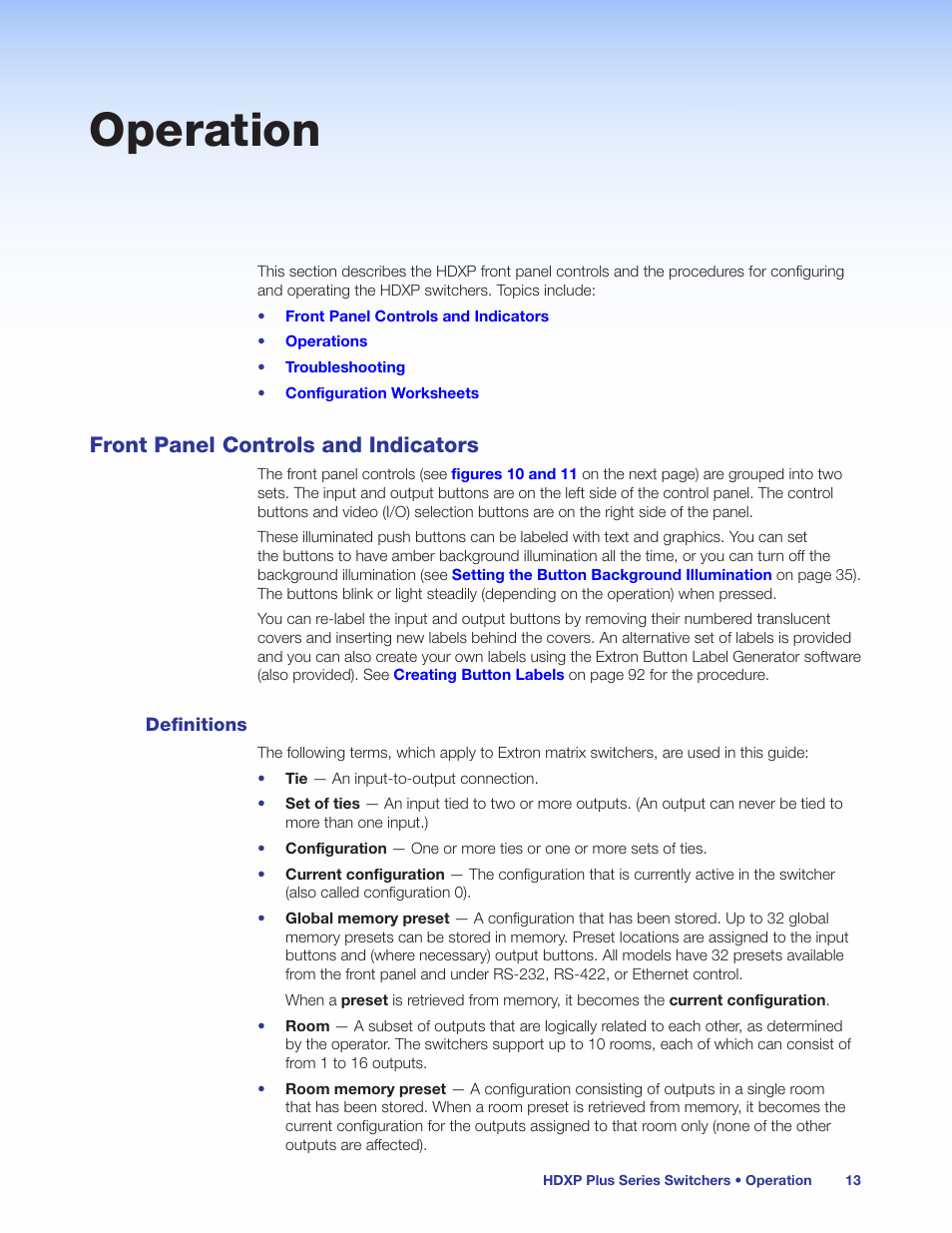 Operation, Front panel controls and indicators, Definitions | Extron Electronics HDXP Plus Series User Guide User Manual | Page 19 / 125