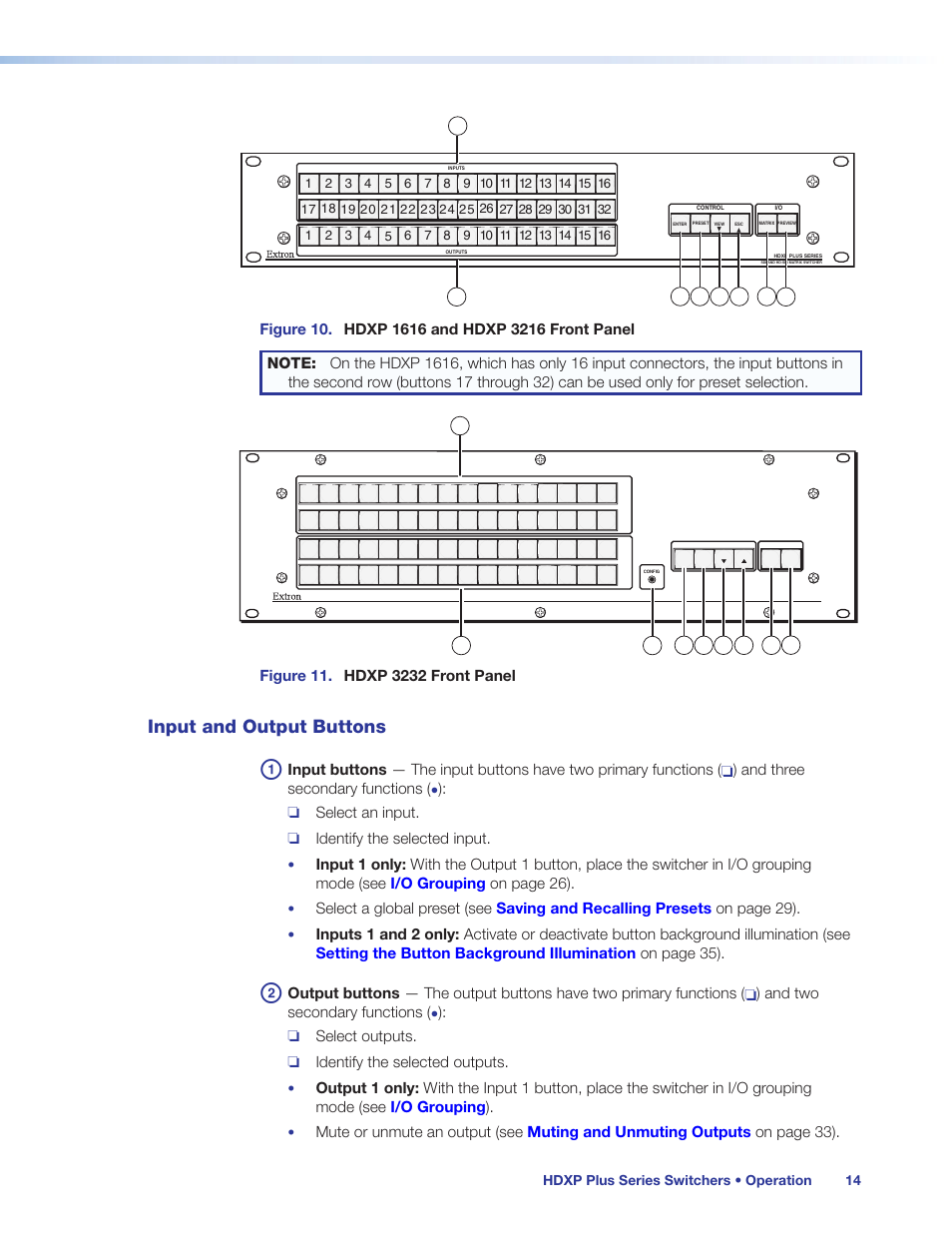 Input and output buttons, Ols (see, Figures 10 and 11 | Extron Electronics HDXP Plus Series User Guide User Manual | Page 20 / 125