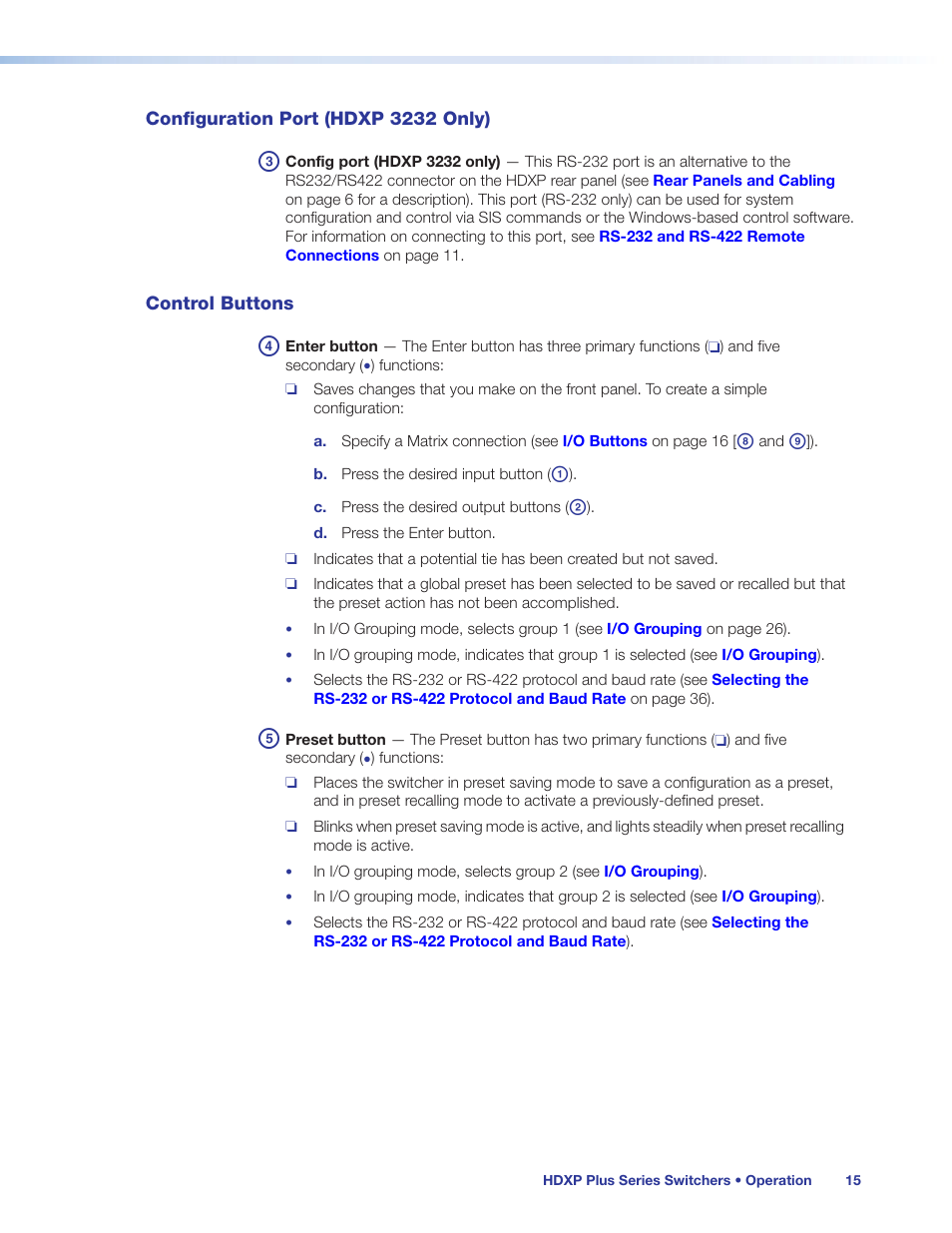 Configuration port (hdxp 3232 only), Control buttons | Extron Electronics HDXP Plus Series User Guide User Manual | Page 21 / 125