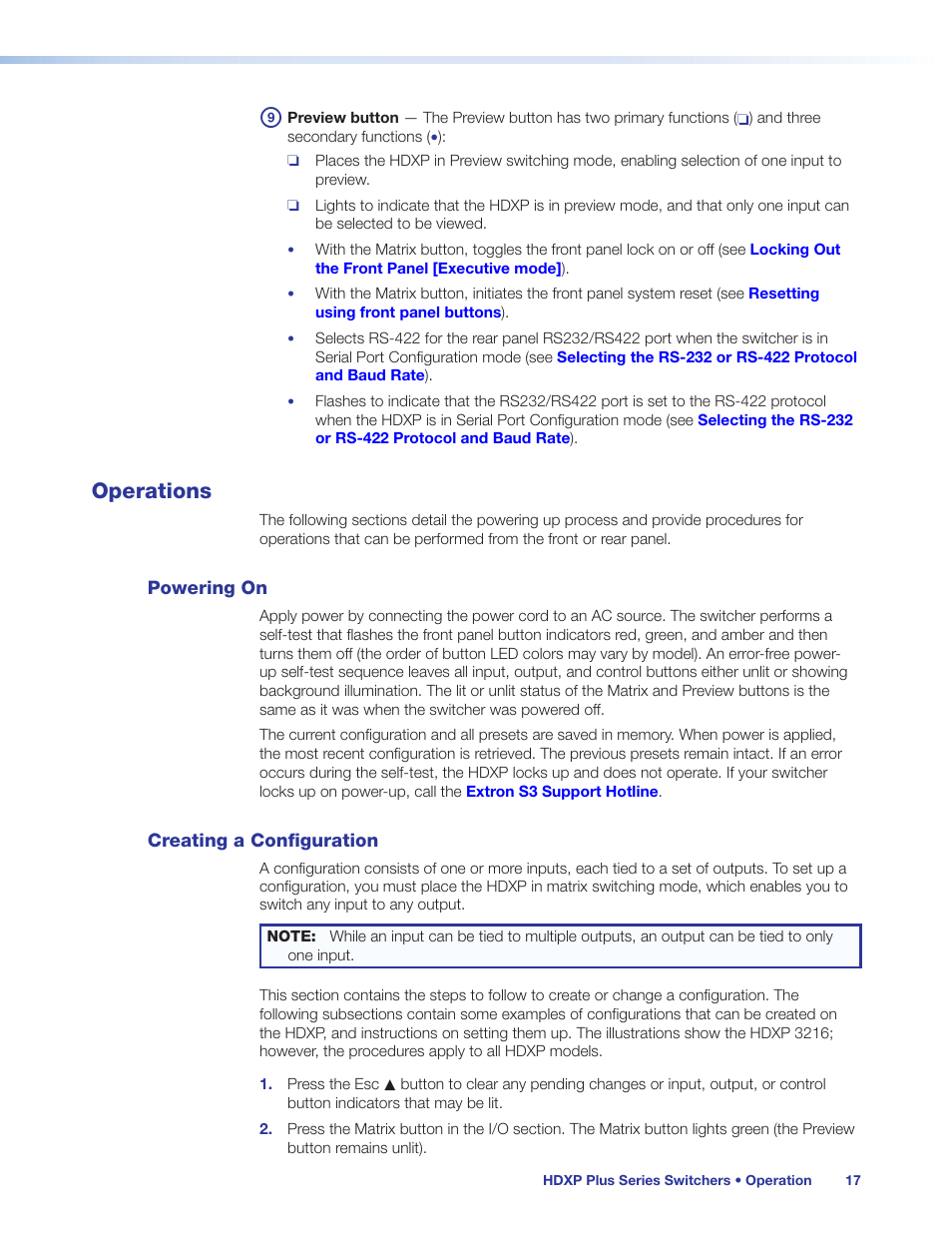 Operations, Powering on, Creating a configuration | Powering on creating a configuration | Extron Electronics HDXP Plus Series User Guide User Manual | Page 23 / 125