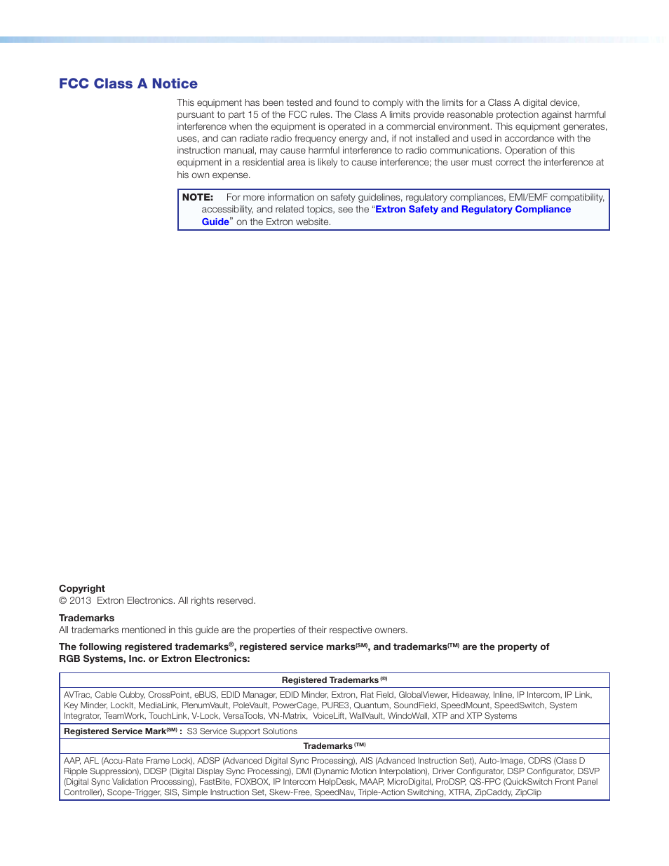 Fcc class a notice, Fda/iec 60825-1 requirements | Extron Electronics HDXP Plus Series User Guide User Manual | Page 3 / 125