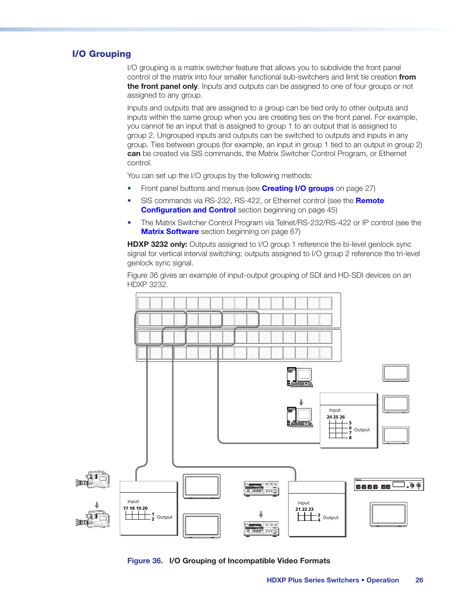 I/o grouping, Mode (see, Oup 1 (see | Oup 1 is selected (see, Oup 2 (see, Oup 2 is selected (see, Oup 3 (see, Oup 4 (see | Extron Electronics HDXP Plus Series User Guide User Manual | Page 32 / 125