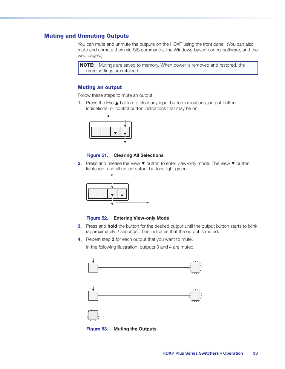 Muting and unmuting outputs, Mute or unmute an output (see, Muting an output | Extron Electronics HDXP Plus Series User Guide User Manual | Page 39 / 125